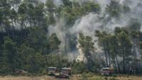 Des véhicules de pompiers près d'une zone forestière en feu à Saint-Laurent-de-la-Cabrerisse, dans l'Aude, le 7 août 2025