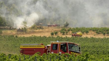 Des véhicules de pompiers près d'une zone forestière en feu à Saint-Laurent-de-la-Cabrerisse, dans l'Aude, le 7 août 2025