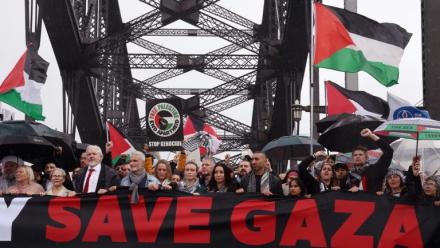 Des manifestants, dont le fondateur de WikiLeaks, Julian Assange (3e en partant de la gauche, l'homme portant une cravate rouge), défilent sur le pont Harbour Bridge à Sydney lors d’un rassemblement pro-palestinien le 3 août 2025.