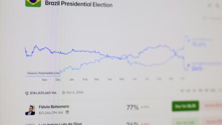 Le site web de la plateforme de prédictions Polymarket sur un écran d’ordinateur montrant les tendances des deux candidats à la présidentielle Flavio Bolsonaro et le président sortant Luis Inacio Lula da Silva, le 16 octobre 2026 à Rio de Janeiro, au Brésil