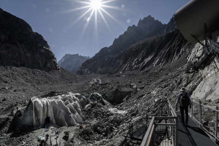 Ce qu'il reste de la Mer de Glace dans le massif du Mont-Blanc, dans les Alpes françaises, le 23 septembre 2026
