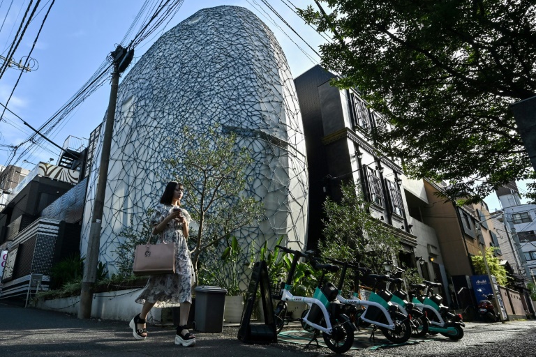 Une maison aux formes ovoïdes enveloppée de cordes bleues par Hajime Kinoko, l'un des plus connus artistes japonais de