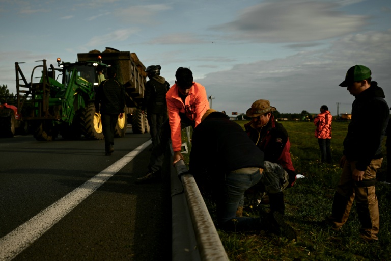 Des agriculteurs démontent des barrières métalliques le long de l'autoroute A63 bloquée au niveau de l'échangeur de Cestas, en Gironde, le 16 décembre 2020
