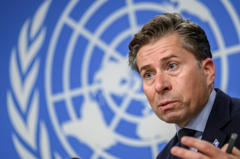 Le secrétaire général adjoint de l'ONU aux affaires humanitaires Tom Fletcher, lors d'une conférence de presse sur les conséquences de l’épisode El Niño, le 21 octobre 2026 à Genève