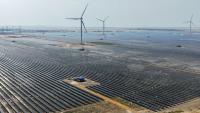 Cette photographie aérienne prise le 15 octobre 2024 montre des éoliennes et des panneaux solaires installés à la centrale d'énergie renouvelable verte d'Adani à Khavda, dans l'État indien du Gujarat