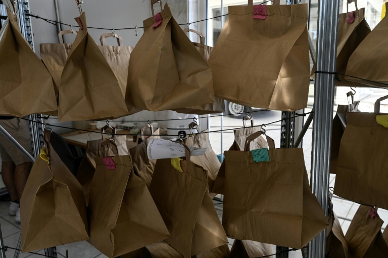 Des sac en papier contenant des mouches méditeranéennes des fruits à Naoussa, dans le nord de la Grèce, le 1er septembre 2025