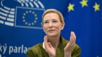 L'actrice et productrice australienne Cate Blanchett lors du lancement du "Registre RSL Media de consentement humain pour la protection de l'identité à l'ère de l'IA ", au Parlement européen à Bruxelles, le 23 juin 2026