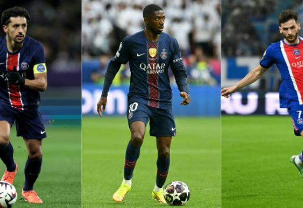 De gauche à droite, les joueurs du PSG Marquinhos, Ousmane Démbélé et KhvichaKvaratskhelia, tous trois sortis blessés lors du match contre le FC Barcelone, le 20 octobre 2026 au Parc des Princes