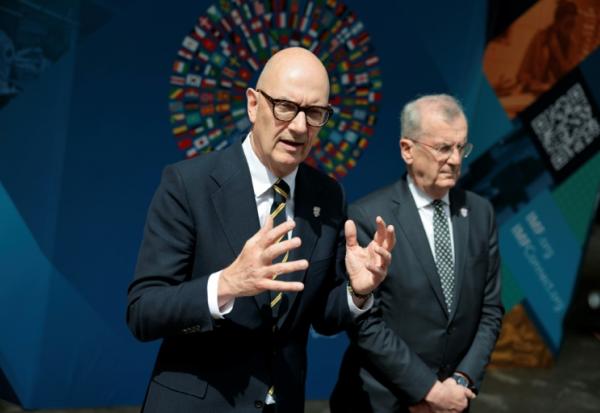 Le ministre de l'Economie Roland Lescure et le gouverneur de la Banque de France François Villeroy de Galhau, à Washington, le 16 avril 2026, pour les réunions de printemps du FMI et de la Banque mondiale 