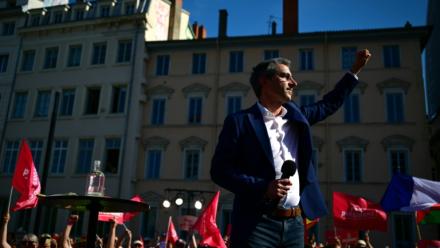 Le député François Ruffin, candidat à l'élection présidentielle, lors d'un meeting à Lyon, le 25 avril 2026