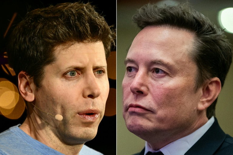 Combinaison d'images créée le 27 décembre 2024 du patron d'OpenAI Sam Altman, le 17 octobre 2023 à Laguna Beach, en Californie (à gauche), et celui de Tesla et SpaceX Elon Musk, le 13 novembre 2024 à Washington
