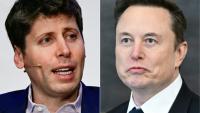 Le patron d'OpenAI Sam Altman (à gauche), le 7 février 2025 à Berlin, et celui de Tesla/SpaceX Elon Musk, le 20 janvier 2025 à Washington

