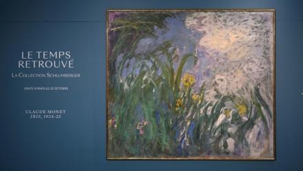 Le tableau *Iris* (1924–1925) du peintre français Claude Monet, lors d’une présentation en avant-première de 28 œuvres impressionnistes issues de la collection Schlumberger, dévoilées le 17 septembre 2026, en amont de leur vente prévue le 22 octobre 2026 chez Sotheby’s à Paris