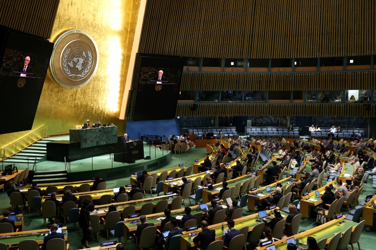 L'ambassadeur palestinien auprès des Nations Unies, Riyad Mansour (à la tribune)lors d'une réunion de l'Assemblée générale de l'ONU à New York, le 12 juin 2025