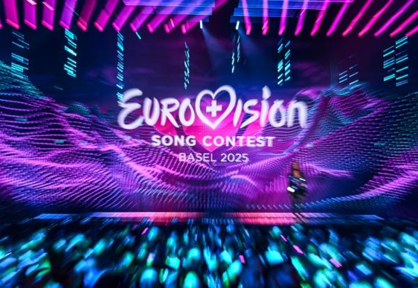 Le logo du Concours Eurovision de la Chanson 2025, le 14 mai 2025 à Bâle, en Suisse