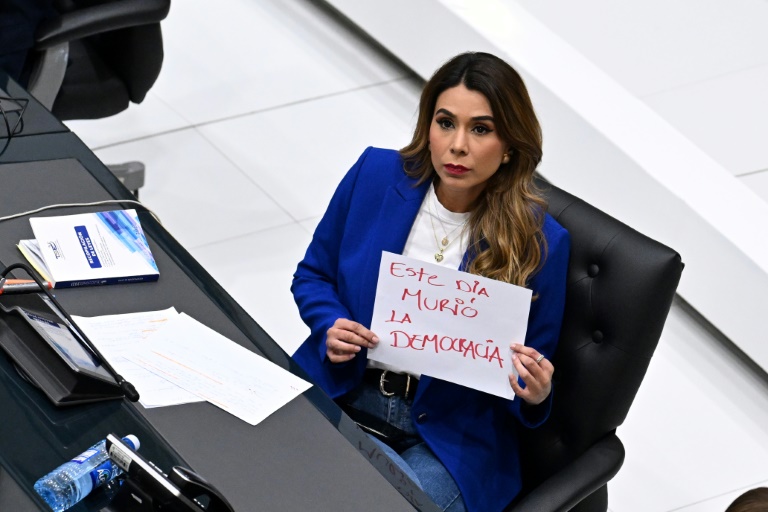 La députée d'opposition Macela Villatoro brandit une pancarte avec a phrase 