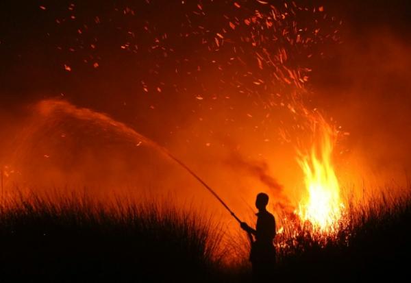 Un villageois tene d'éteindre un incendie de forêt à Palangkaraya, dans le centre de l'Indonésie, le 13 août 2026