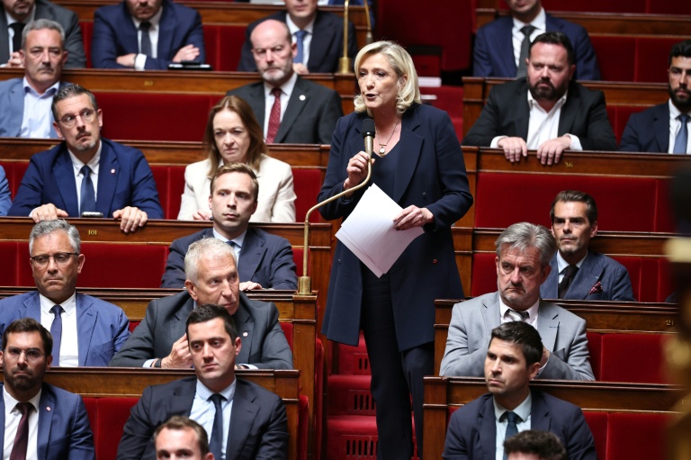 Marine Le Pen, présidente du groupe parlementaire Rassemblement national (RN), prend la parole lors des questions au gouvernement à l'Assemblée nationale, le 9 juin 2026 à Paris