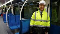 Le président du directoire de la SGP Jean-François Monteils, dans le premier train de la ligne 15, une partie du projet de Grand Paris express, à Champigny-sur-Marne, dans le Val-de-Marne le 28 novembre 2023