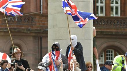 Manifestation anti-migrants de la formation "Britain First" le 2 août 2025 à Manchester
