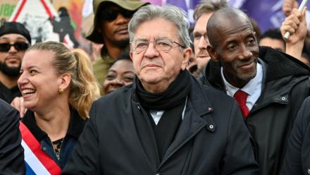 (g-d) La députée LFI Mathilde Panot, Jean-Luc Mélenchon, candidat de LFI à la présidentielle et Bally Bagayoko, maire LFI de Saint-Denis, participent à une manifestation contre la vie chère, le 17 octobre 2026 à Paris