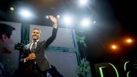 Le leader du parti D66 Rob Jetten célèbre le résultat des législatives au siège de la formation à Leiden le 29 octobre 2025 