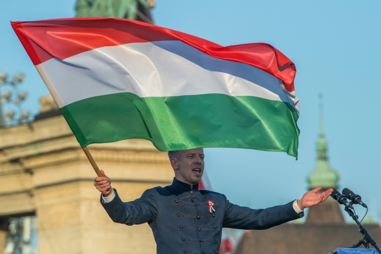 Le chef de l'opposition et président du parti Tisza, Peter Magyar, tient un drapeau hongrois lors d'un rassemblement électoral à Budapest, le 15 mars 2026