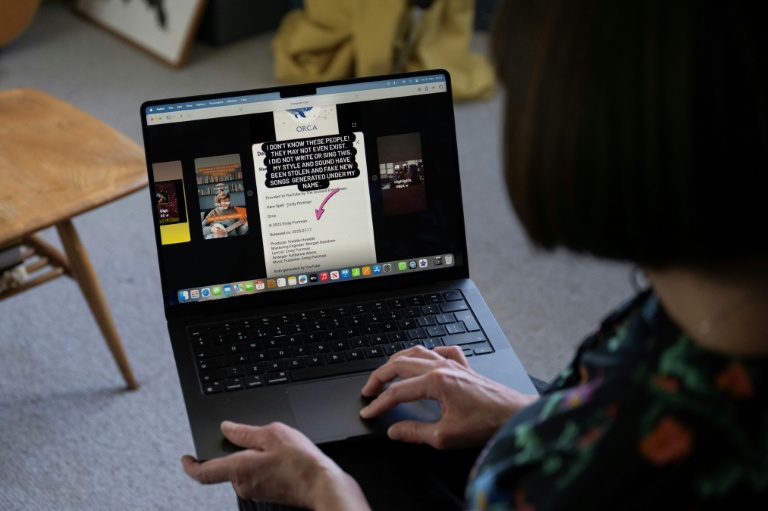 La chanteuse folk Emily Portman affiche sur son ordinateur une capture d'écran d'un album contrefait, à Sheffield (Angleterre), le 21 novembre 2025