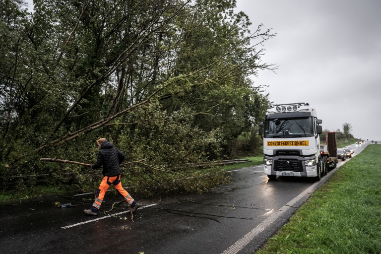 Un homme dégage des branches d'un arbre tombé sur la chaussée de la route départementale D924, près d'Équilly (Manche), en Normandie, le 23 octobre 2026, alors que la tempête Austen balayait le nord-ouest de la France 