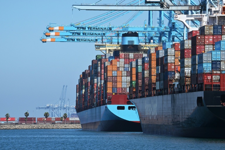Des porte-conteneurs sont à quai, le 31 juillet 2025 à Los Angeles, aux Etats-Unis