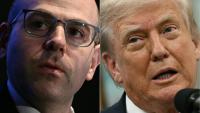 Montage photo réalisé le 7 août 2025 montrant le conseiller économique Stephen Miran à Washington, le 30 avril 2025 (à gauche), et le président américain Donald Trump à Washington, le 6 août 2025 (à droite)