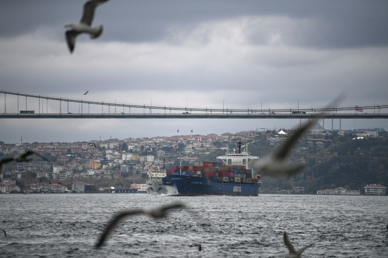Un cargo navigue dans le détroit du Bosphore le 23 avril 2021 à Istanbul
