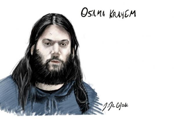 Ce croquis d'adience, réalisé le 19 avril 2023, montre le jihadiste suédois Osama Krayem durant son procès devant les assises de Bruxelles pour répondre de sa participation aux attentats de mars 2016 en Belgique