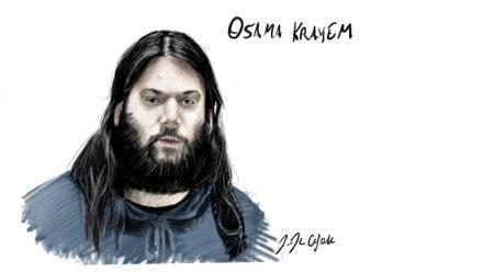 Ce croquis d'adience, réalisé le 19 avril 2023, montre le jihadiste suédois Osama Krayem durant son procès devant les assises de Bruxelles pour répondre de sa participation aux attentats de mars 2016 en Belgique