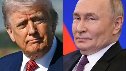 A gauche, le président américain Donald Trump, photographié à Morristown dans le New Jersey (Etats-Unis) le 23 mai 2025, et à droite le président russe Vladimir Poutine à Moscou, en Russie, le 28 mai 2025