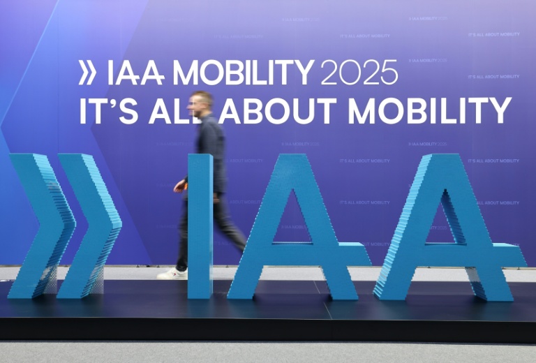 Logo du salon de l'auto à Munich qui a ouvert ses portes lundi 8 septembre 2025