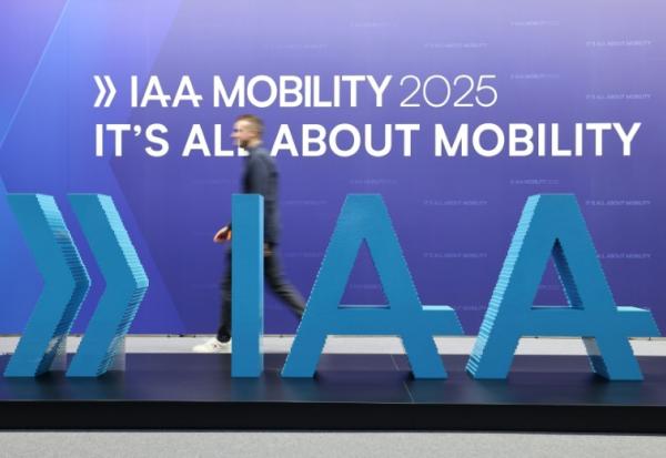 Logo du salon de l'auto à Munich qui a ouvert ses portes lundi 8 septembre 2025