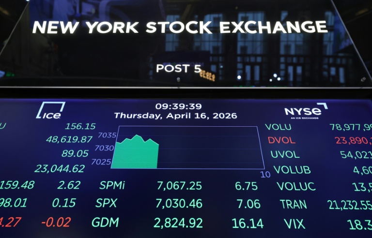 Un écran à la Bourse de New York, le 16 avril 2026