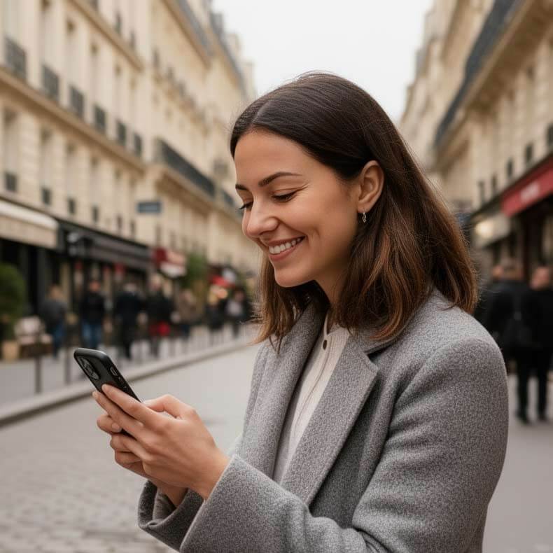 Une cliente souriante profite de son offre depuis son mobile